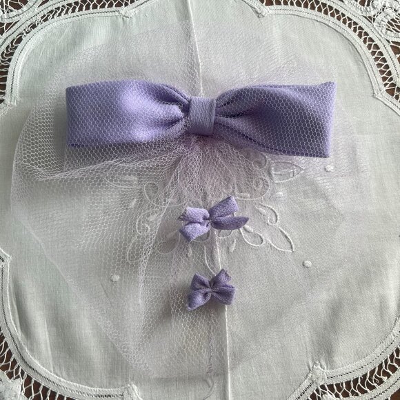 Vintage 60s Purple Fascinator Mesh Netting Hair Bows Pastel Mauve Hairnet Rockab - Picture 1 of 10